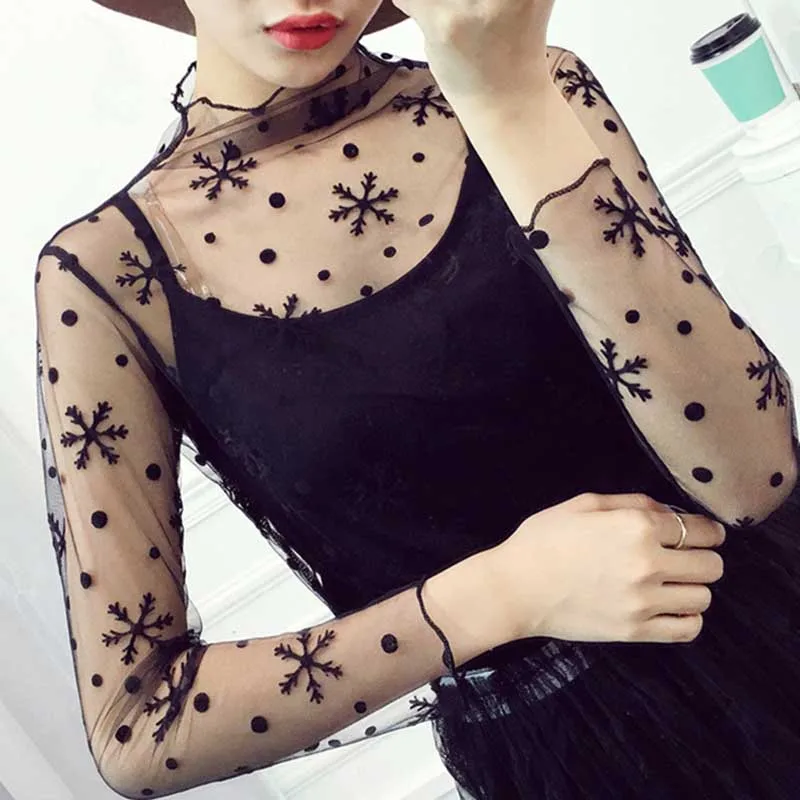 

Sexy Women Blouse See Through Transparent Mesh Long Sleeve Sheer Blouses Shirt Tops Tee SEC88
