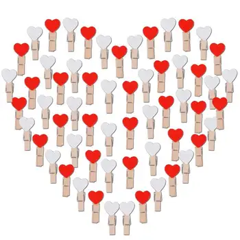 

100 PCS Mini Wooden Clasps Heart (White + Red) Clamps Wooden Decoration Small Clothespins Deco Clamps Wooden Clothespins Decorat