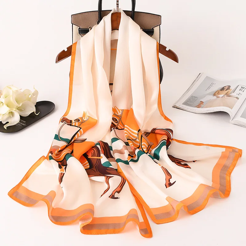 

Luxury Women Scarf Brand Horse Chain Print Real Silk Scarves for Ladies Foulard Pashmina Shawls and Wraps Soft Bandana