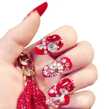 

24Pcs/Set Adhesive False Nail Tips Red Shining Diamond Finished Round Fake Nails Full Cover for Wedding Bride Decoration MH88