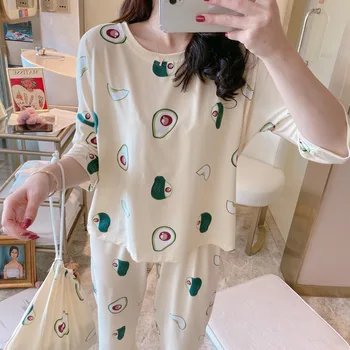 

Spring and Autumn Long Sleeve Cotton Pajamas Set for Women Sleepwear Suit Ladies Round Neck Knitted Cotton Full Length Home Wear