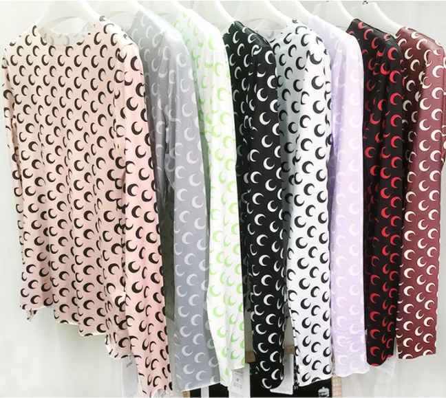 Ice Silk Crescent Moon Print Bodycon T-shirt Slim Top 2021 Summer Women's Round Neck Long Sleeve Tight T-shirt