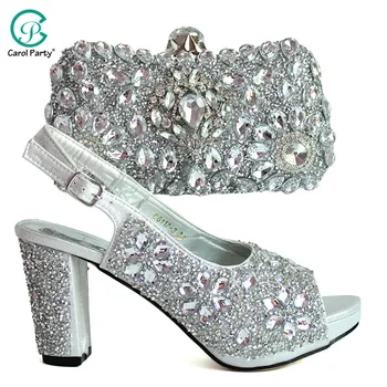 

2020 New Fashion Italian design Party Pumps African Shoe and Bag Set Decorated with Rhinestone Sexy Heels Shoe and Matching Bag