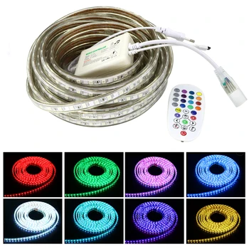 

RGB LED Strip AC 220V 60leds/m Waterproof Flexible Led Lights SMD 5050 Tape Rope 1M-50M Home Decoration+EU Plug & Remote Control