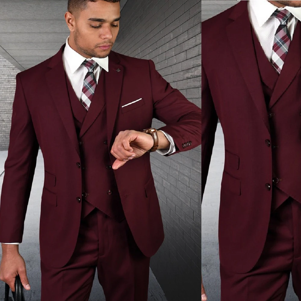 Handsome Mens Solid Tuxedos Pants Suits Casual 3 Pieces Business Formal Wedding Grooms Party Made Vintage Blazer