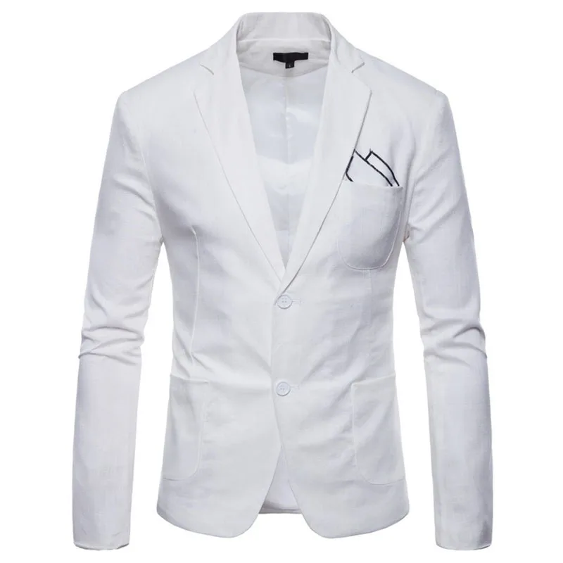 Модный хлопковый льняной летний удобный мужской блейзер s приталенный пиджак костюмы блейзеры мужской качественный повседневный костюм размера плюс 4XL - Цвет: Белый