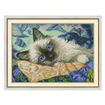 

39 x 27cm 11CT 3 Strands Printing Cross Stitch Kits DIY Decorative Cross-stitch Embroidery Kit (Without Frame) - Blue Eye Cat