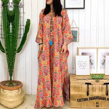

2020 Autumn Bohemian Dress ZANZEA Women 3/4 Sleeve Party Sundress Casual O Neck Backless Floral Printed Long Maxi Vestido Robe
