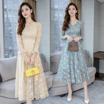 

2020 Spring Autumn Plus Size Vintage Lace Midi Dresses Women Elegant Bodycon Aprocit Maxi Dress Party Long Sleeve Runway Vestido
