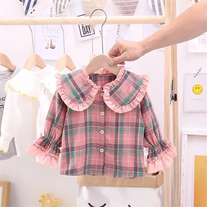 Baby Cotton Blouse Sweet Girls Ruffled Collar Clothes Kids Long Sleeved Shirt Children Cute Pink Tops Fashion Spring Autumn