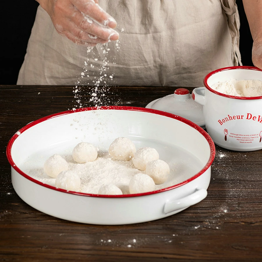 1PCS Enamel Double Ear Deep Dish Baking Tray Pastry Biscuit Bake Cake Pan Food Plates Storage Tray Dinnerware