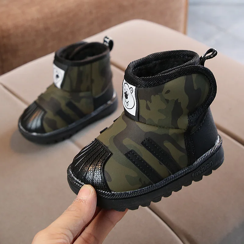

Baby Boy Winter Snow Boots Camouflage Cotton Hook & Loop PU Ankle Warm Shoes Size 21-25 Soft Sole Thick Shoes AELNN535