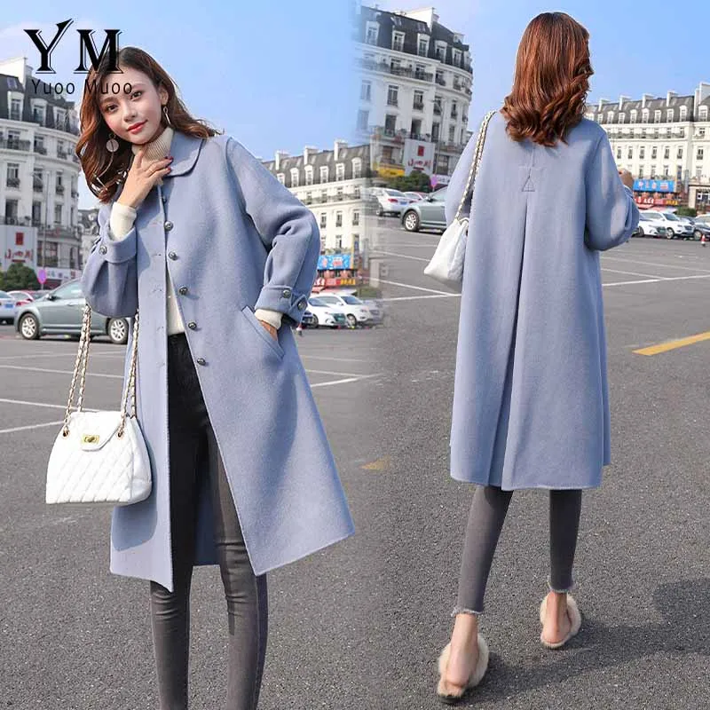 YuooMuoo корейское модное синее Женское пальто осень зима однобортное Женское шерстяное пальто модное дамское кашемировое пальто наряд - Цвет: Синий