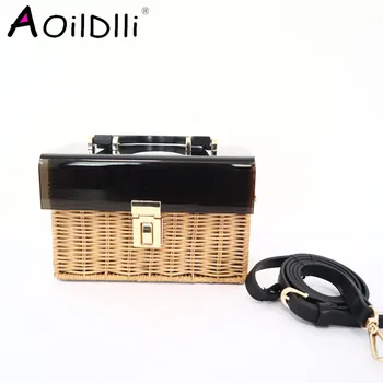 

Summer new acrylic flip straw bag wooden handle woven bag handmade bag vacation travel rattan bag