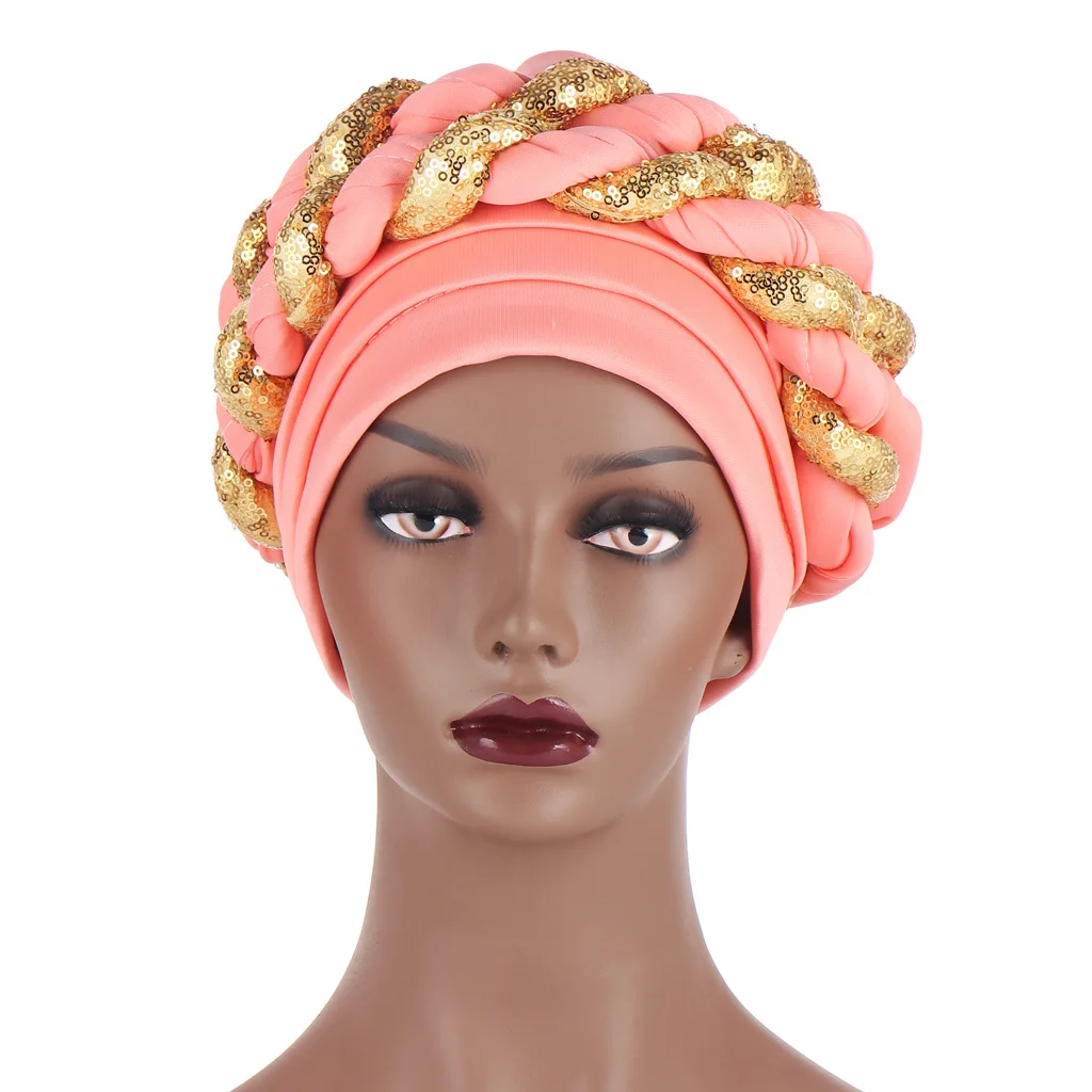 Fashion African Auto Gele Headtie Sequins Braids Women's Turban Cap Muslim Headscarf Bonnet Ready to Wear Hijab Wedding Hat formal dresses south africa