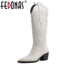 FEDONAS/женские сапоги из натуральной кожи высокого качества с вышивкой; Новинка; сапоги в западном стиле; зимние теплые женские сапоги до колена; женская обувь для танцев
