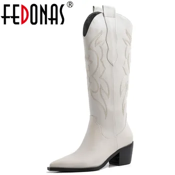 

FEDONAS High Quality Embroider Genuine Leather Female Newest Western Boots Winter Warm Women Knee High Boots Dancing Shoes Woman