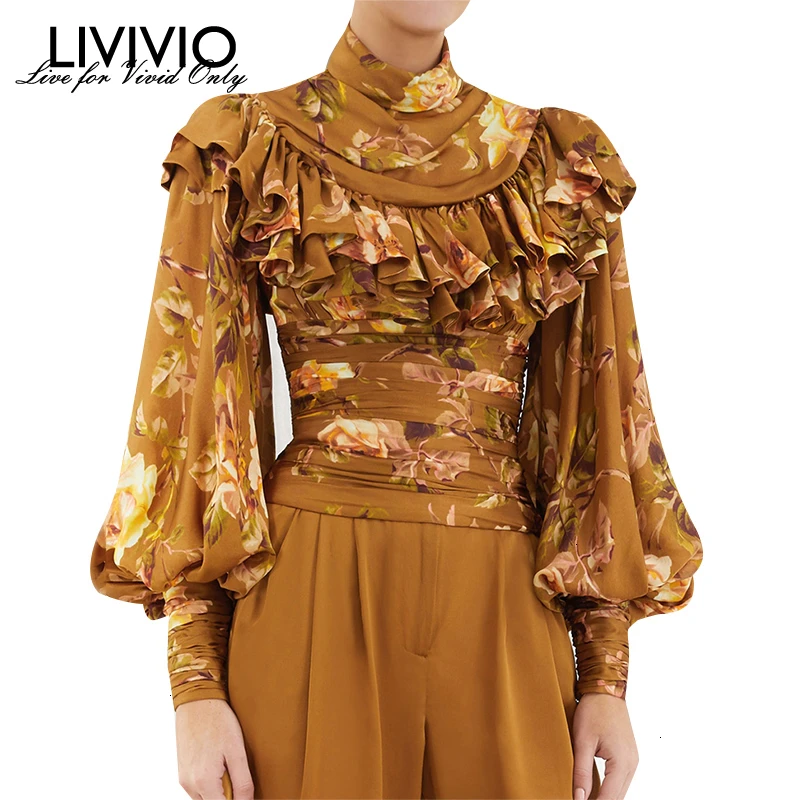 

[LIVIVIO] Print Floral Patchwork Ruffle Elegant Women's Shirts Turtleneck Puff Long Sleeve Female Blouse 2019 Autumn Fashion Top