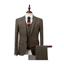 Custom made mens suits with vest and pants  tailored 100% wool steel tweed suit 3 pieces costume homme groom suits for wedding
