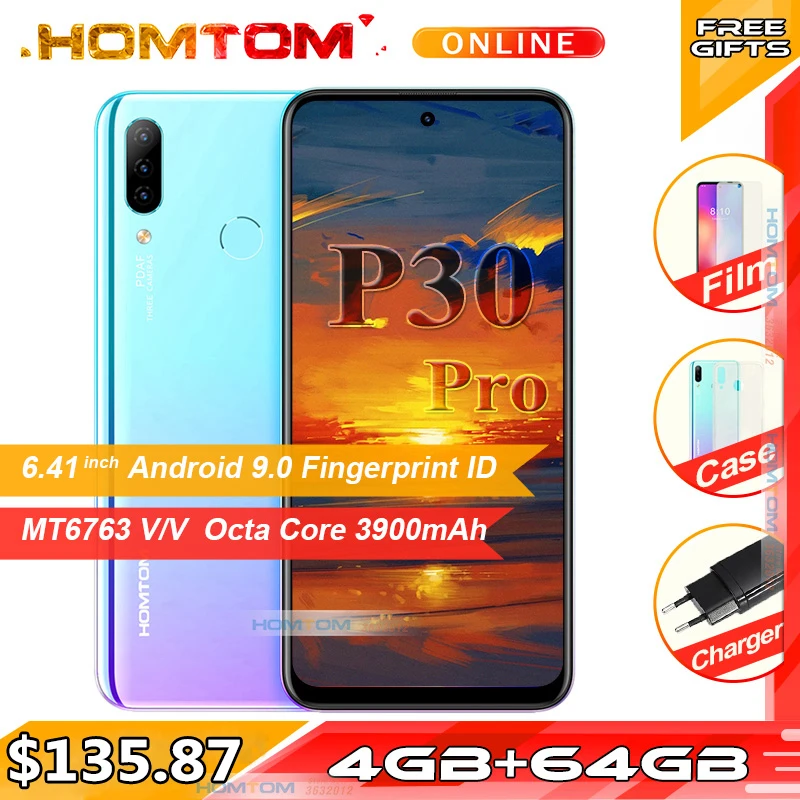 Оригинал HOMTOM P30 Pro 4 ГБ ОЗУ 64 Гб ПЗУ Восьмиядерный мобильный телефон 6,41 дюйма полный дисплей 13MP задняя камера смартфон отпечаток пальца