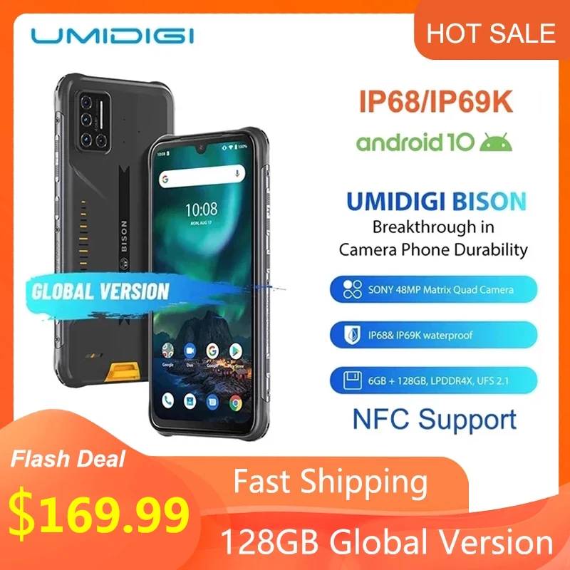 Umidigi teléfono inteligente BISON IP68/IP69K, teléfono resistente al agua, Quad Cámara matricial de 48MP, pantalla FHD de 6,3 pulgadas, 6GB RAM, 128GB rom, Android 10, soporta NFC|Teléfonos móviles| -