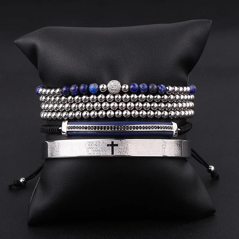 Jaravvi High Quantity Stainless Steel Cross Bangle Cord Braided Macrame Friendship Bracelet Set Men - Image 2