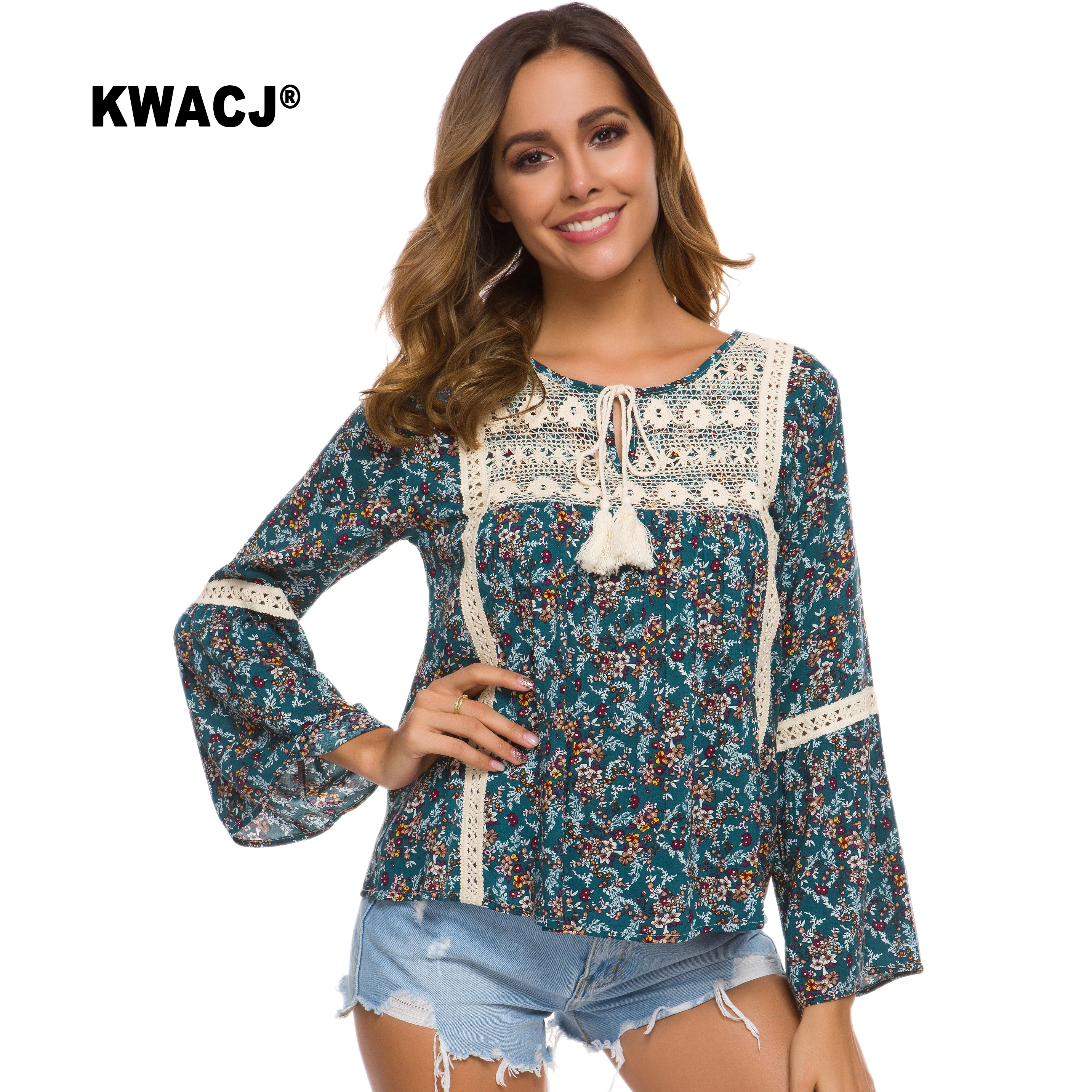 KWACJ Boho Цветочные Топы с длинным рукавом осенние кружевные детали винтажные