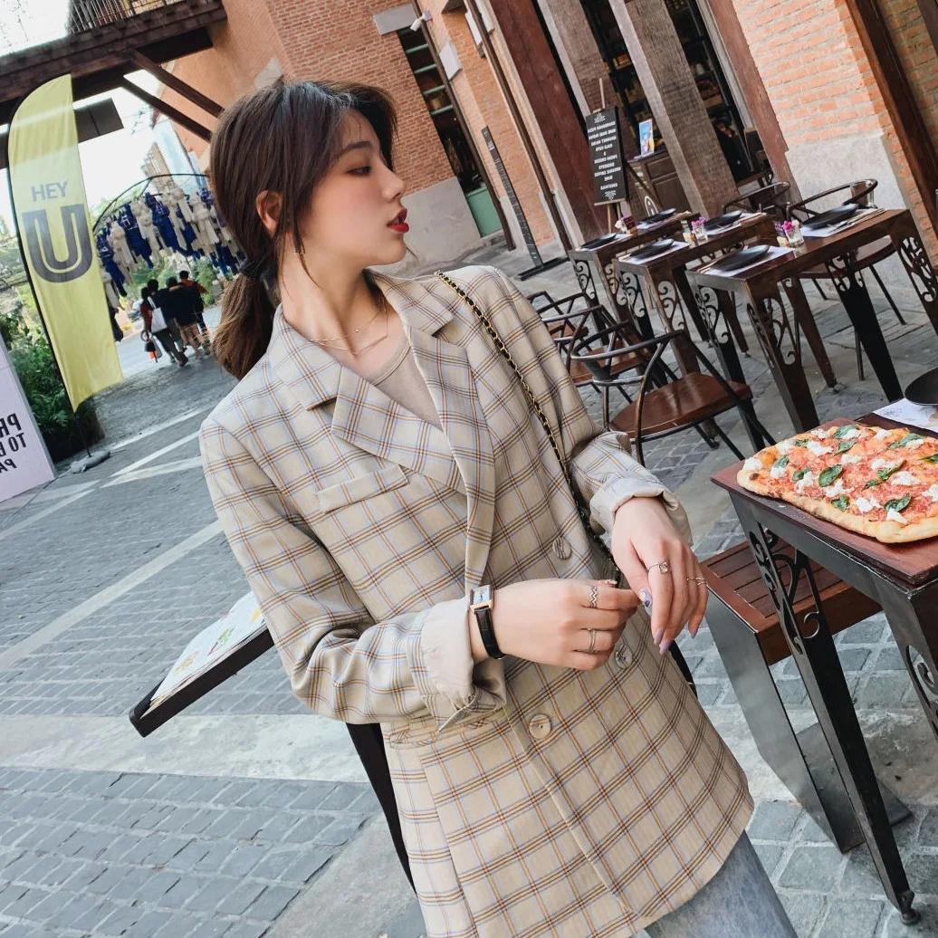 

Photo Shoot CHIC Elegant Ol Light Gray Retro Plaid Mid-length Waist Hugging Double Breasted Able Small Suit Coat Women's