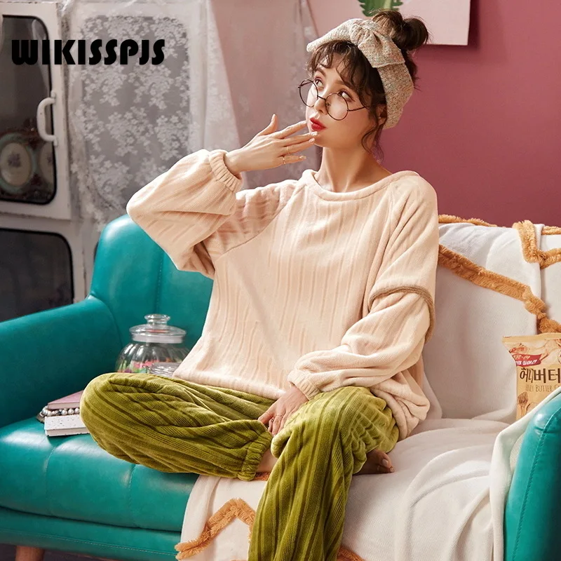 

WIKISSPJS New Winter Women Home Clothes Round Neck Fashion Flannel Leisure Suit Bedroom Set Sleepwear Loungewear Lounge Set