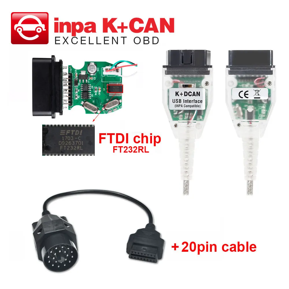 

INPA K+DCAN USB Interface with switch For BMW with FTDI FT232RL chip + 20PIN CABLE to 16pin connector OBD2 Diagnostic scanner