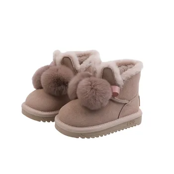 

2020 New Winter Children Snow Boots For Girls Genuine Leather Warm Plush Cute Hairball Girls Princess Shoes Fashion Kids Boots