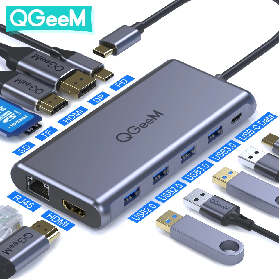 

QGeeM USB C Hub for Macbook Pro Triple Display Type C Hub to Dual 4K HDMI & DP Micro SD Card Readers RJ45 Aux PD USB Hub Adapter