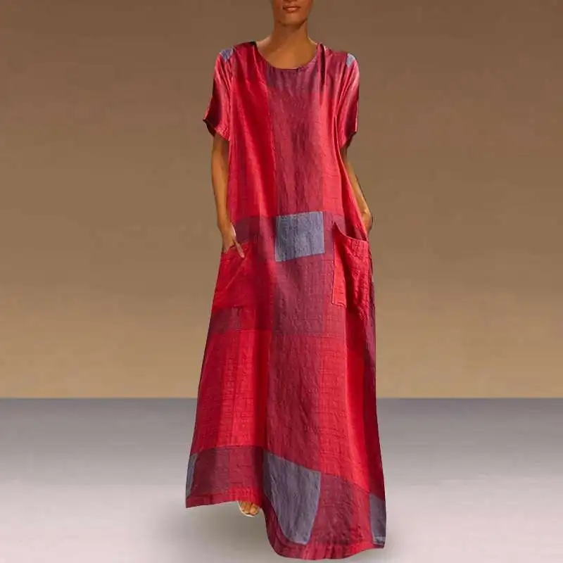 VONDA винтажное лоскутное клетчатое платье макси для женщин Летний Пляжный сарафан размера плюс с коротким рукавом богемные вечерние платья 5XL