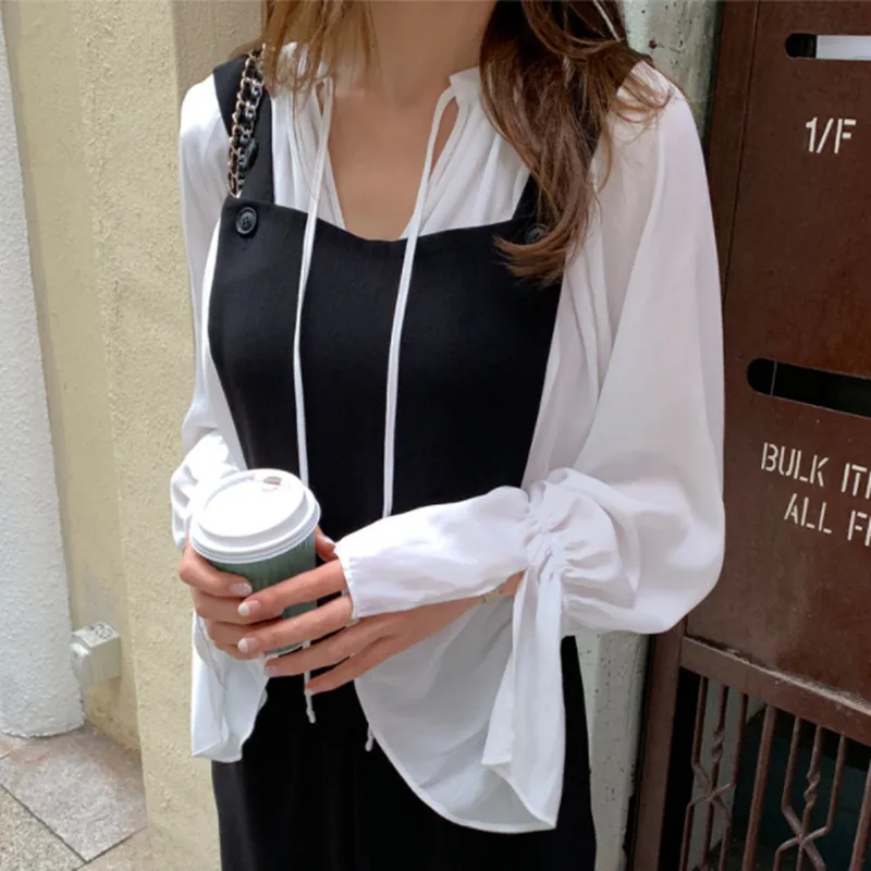 

Summer Wear Flounced Sleeves Chiffon Blouse Korean-style Loose And Plus-sized Shirt Women's V-neck GIRL'S Shirt Students Casual