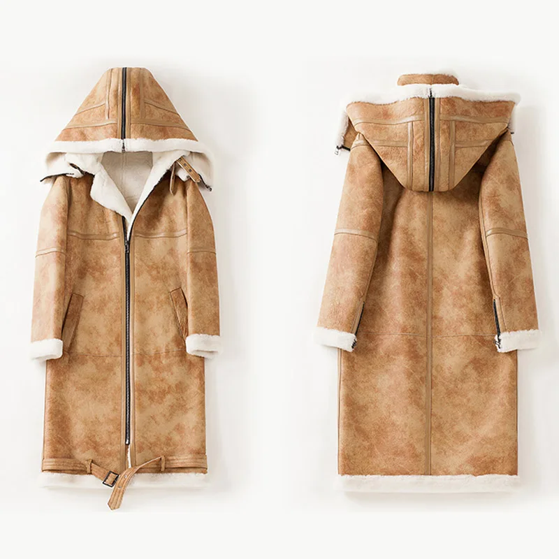 Новое поступление Женская натуральная шерсть овец меринос куртка с капюшоном женская брендовая Зимняя Толстая теплая Натуральная Овечья шуба двусторонняя - Color: YELLOW(LONG  STYLE)