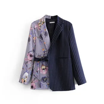 

[EWQ] 2020 Spring Autumn New Pattern V-collar Print Patchwork Fake Two Piece Adjsutable Waist Suit Coat Casual Blazer 3AJ83409L
