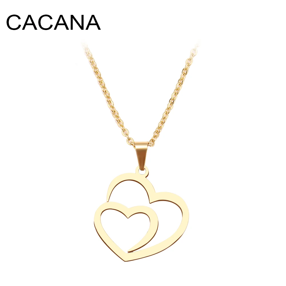 CACANA Stainless Steel Necklace For Women Man Hollow Double Heart Rose Gold Choker Pendant Necklace Engagement Jewelry - Image 3