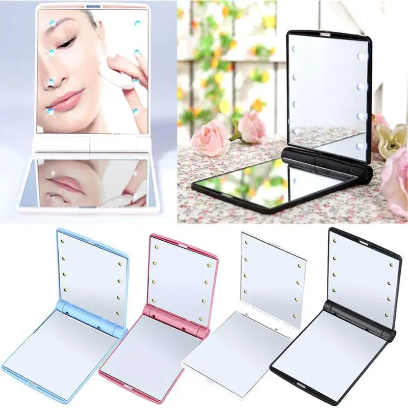 

LED makeup mirror with light makeup luminous white, blue, black, pink mirror 8LED folding makeup led small