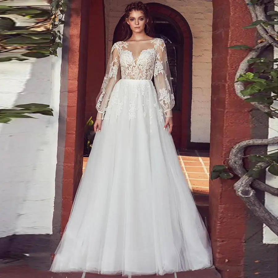 

Gorgeous Long Sleeves Appliques Lace A-Line Wedding Dresses 2020 Backless Tulle Bridal Gowns Modest Robe De Mariee