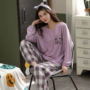 

Plaid Pants Home Clothes for Women Plus Size Pajamas for Women Purple Sleepwear Autumn Home Suit Womens Pyjamas Pijama Mujer