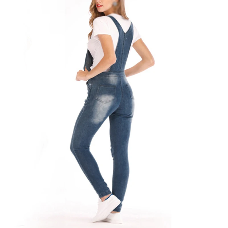 

Summer Autumn Rompers Womens Denim Jumpsuit Jeans Pants Straps Ripped Tight Bib Fashion Pockets Keyhole Sexy Casual Overalls