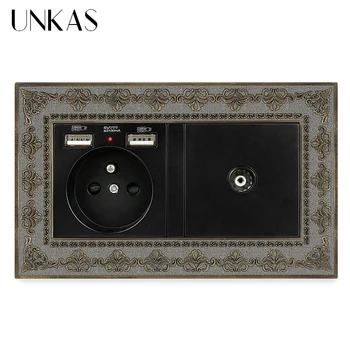 

UNKAS French Socket With Dual USB Charge Port + TV Jack 146*86MM Hidden Soft LED Indicator 4D Embossing Zinc Alloy Panel