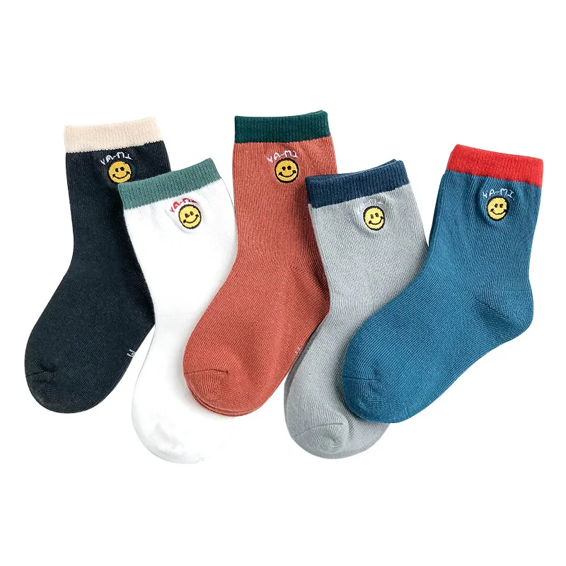 5 пар/лот, Детские хлопковые носки для мальчиков и девочек, милые спортивные носки в полоску с мультипликационным принтом для малышей на осень и зиму, модные детские носки с вышивкой - Цвет: C108