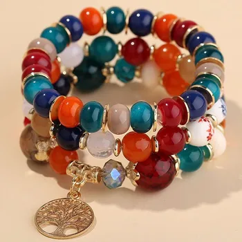 

DIEZI Bohemian Ethnic Multicolor Crystal Beads Bracelet Women Girls Gift Elastic Rope Tree Charm Wrap Bracelet pulseira feminina