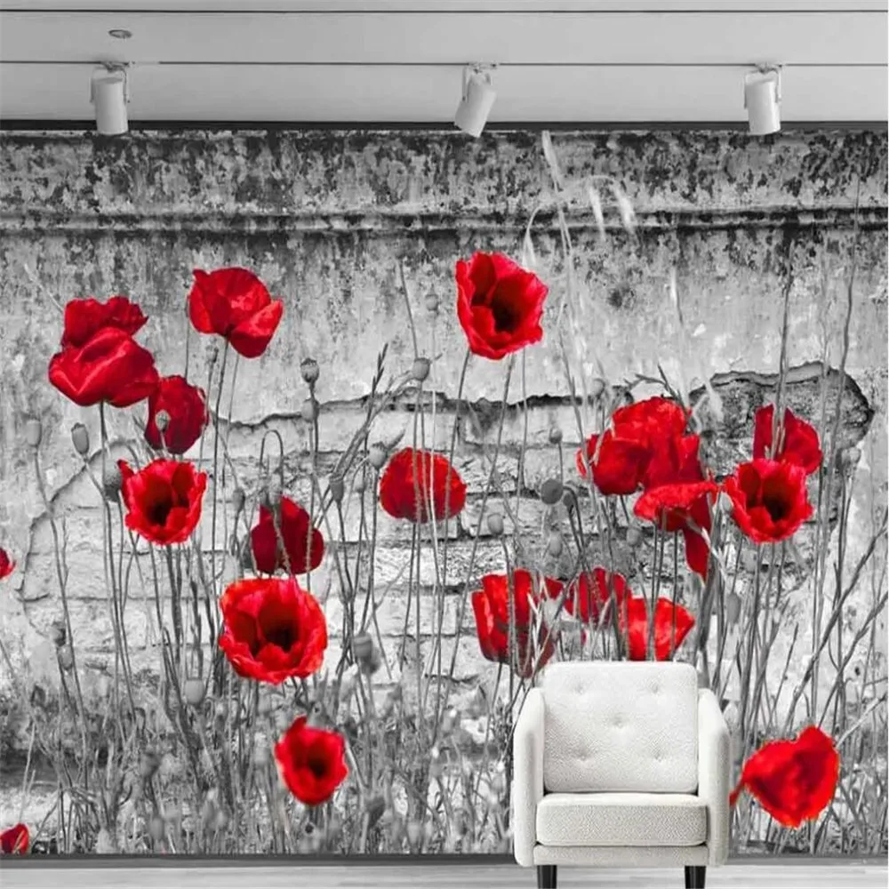 

Dropship Custom 3D Wallpaper Mural Black And White Retro Shabby Brick Wall Poppy Background Wall Decoration Painting Wallpa