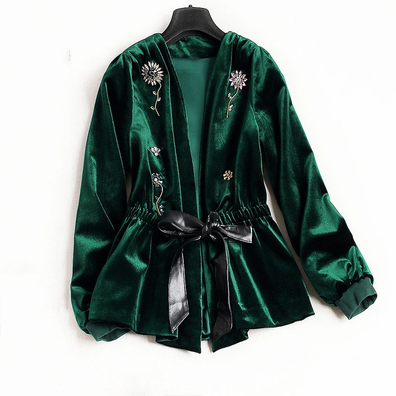 

Autumn Winter Luxury Diamonds Beading Cardigan Jackets 2019 Long Sleeve Green / Black Flower Velvet Beaded Jacket Women
