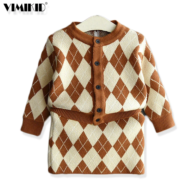 

2019 New Girl Sweater Set Long Sleeve Coat Skirt 2 Pcs Set Diamond-shaped Checkered Pattern High-quality Elegant Lady Style