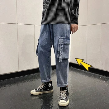 

2020 Autumn Winter New Men's Cargo Jeans Business Casual Streetwear Classic Style Fashion Denim Trousers Male Black Blue Pants