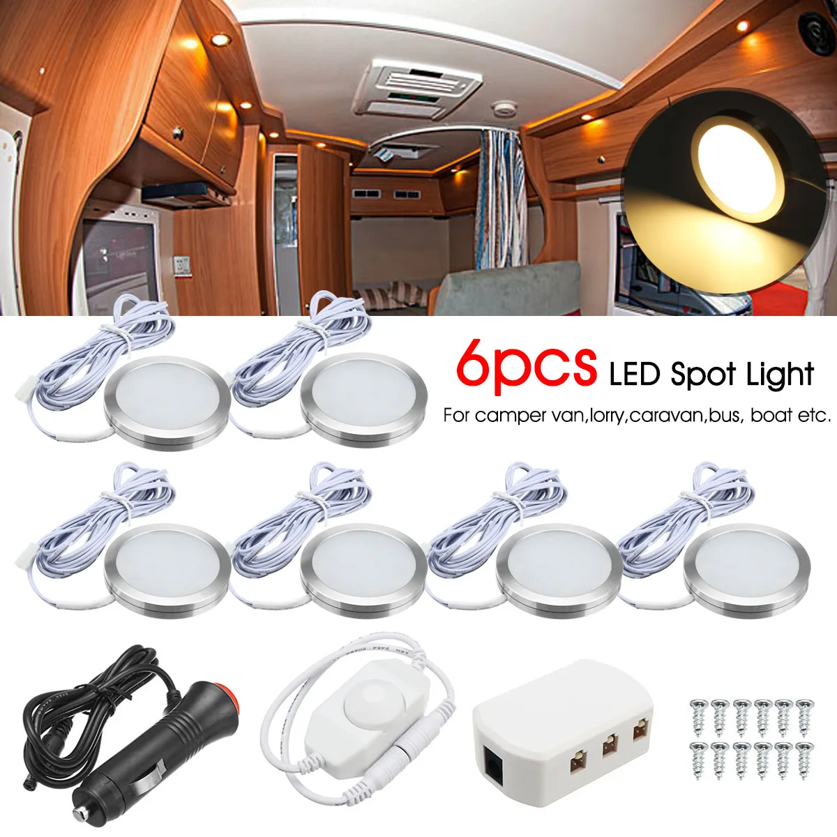 

6pcs 12V Metal Car Interior White LED Spot Roof Light White Light Reading Lamp For VW T4 T5 Camper Van Caravan Motorhome RV