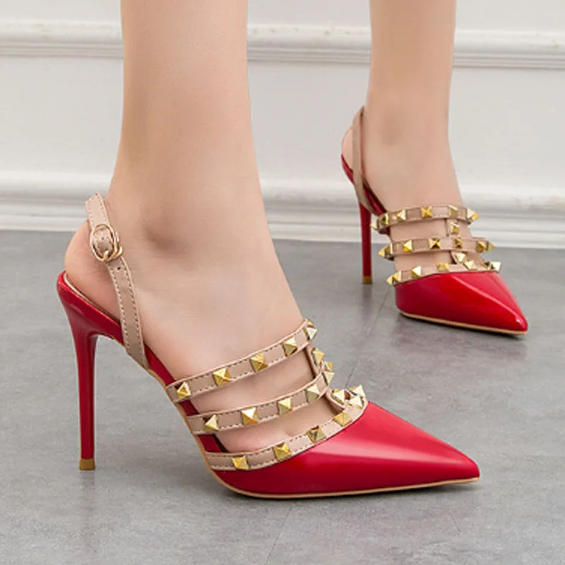 

European and American sexy pointed Roman high heels nightclub thin rivet sandals thin heel after empty women's shoes